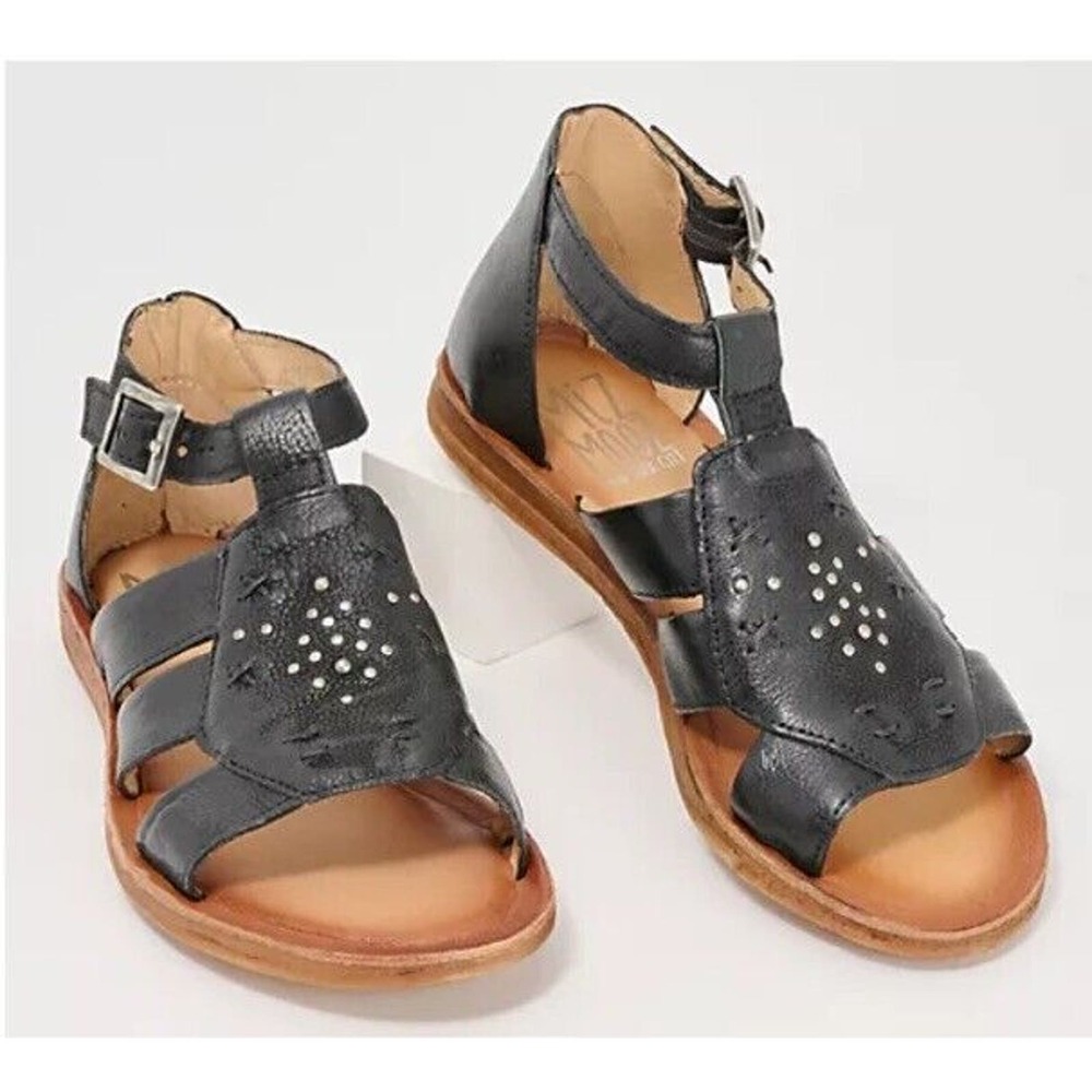 New Miz Mooz Fascinate Leather Studded Ankle Strap Sandals Black EU 42 US 10.5